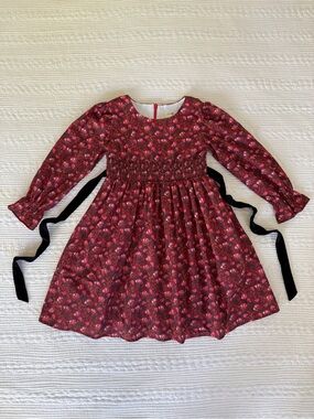 Wren & James Smocked Waist Floral Print Maroon Long Sleeve Dress Girls Size 7